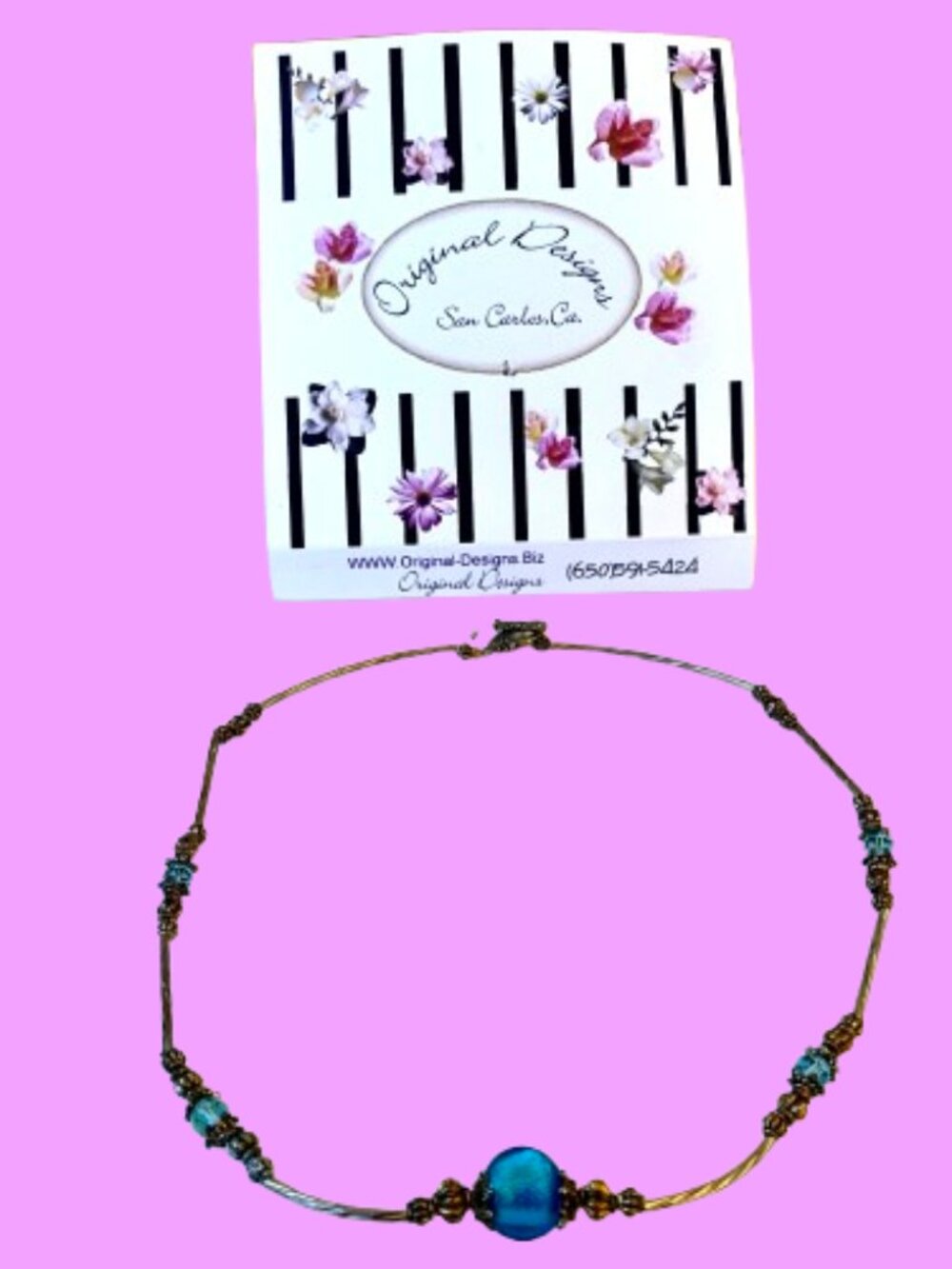 Original Designs Necklace Beads Toggle Handcrafted Blue Silvertone Brass New